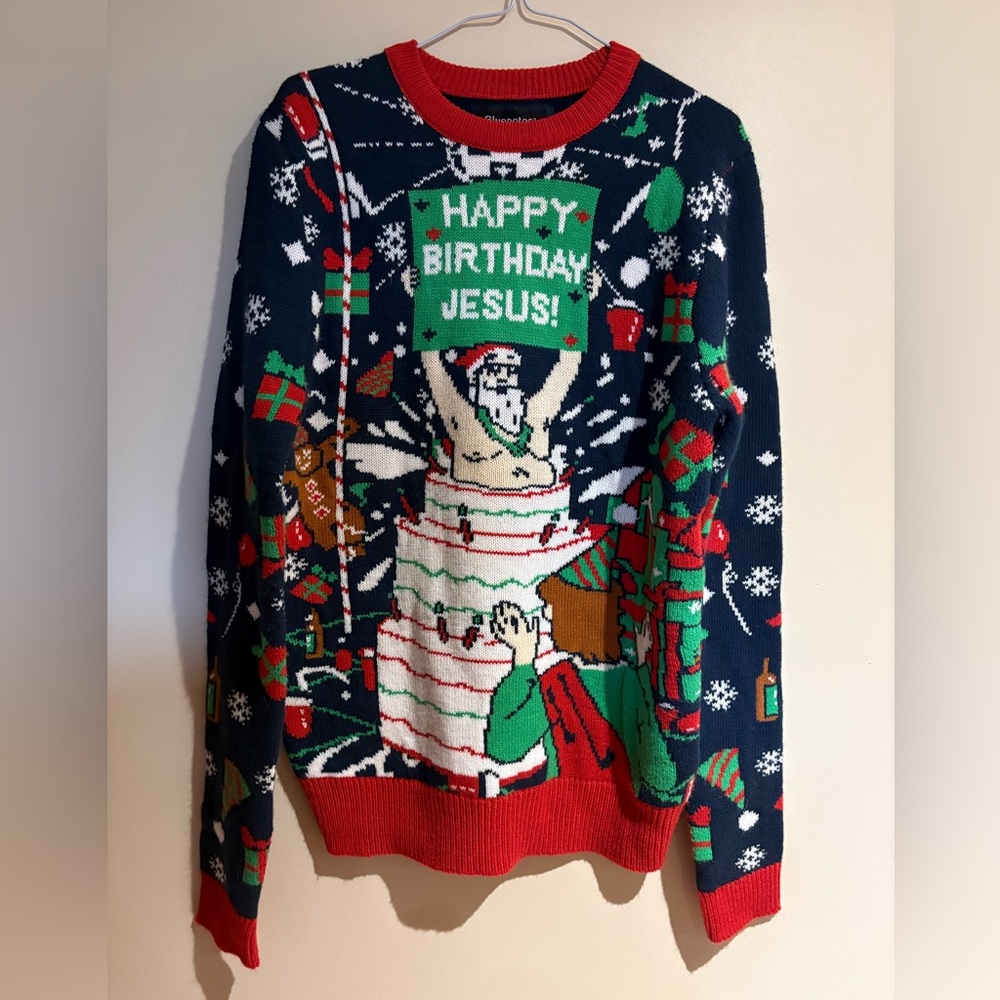 Bluenotes Christmas Sweater Happy Birthday Jesus Size Small Flawed